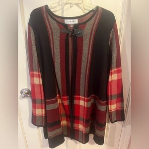 Long red, black and gray plaid jacket/sweater.